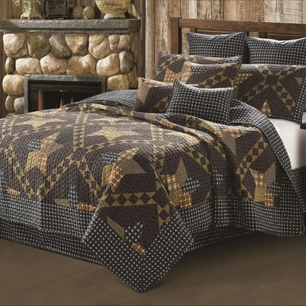 Primitive Star Farmhouse Black Brown Printed King Size Quilt Set Country Cottage